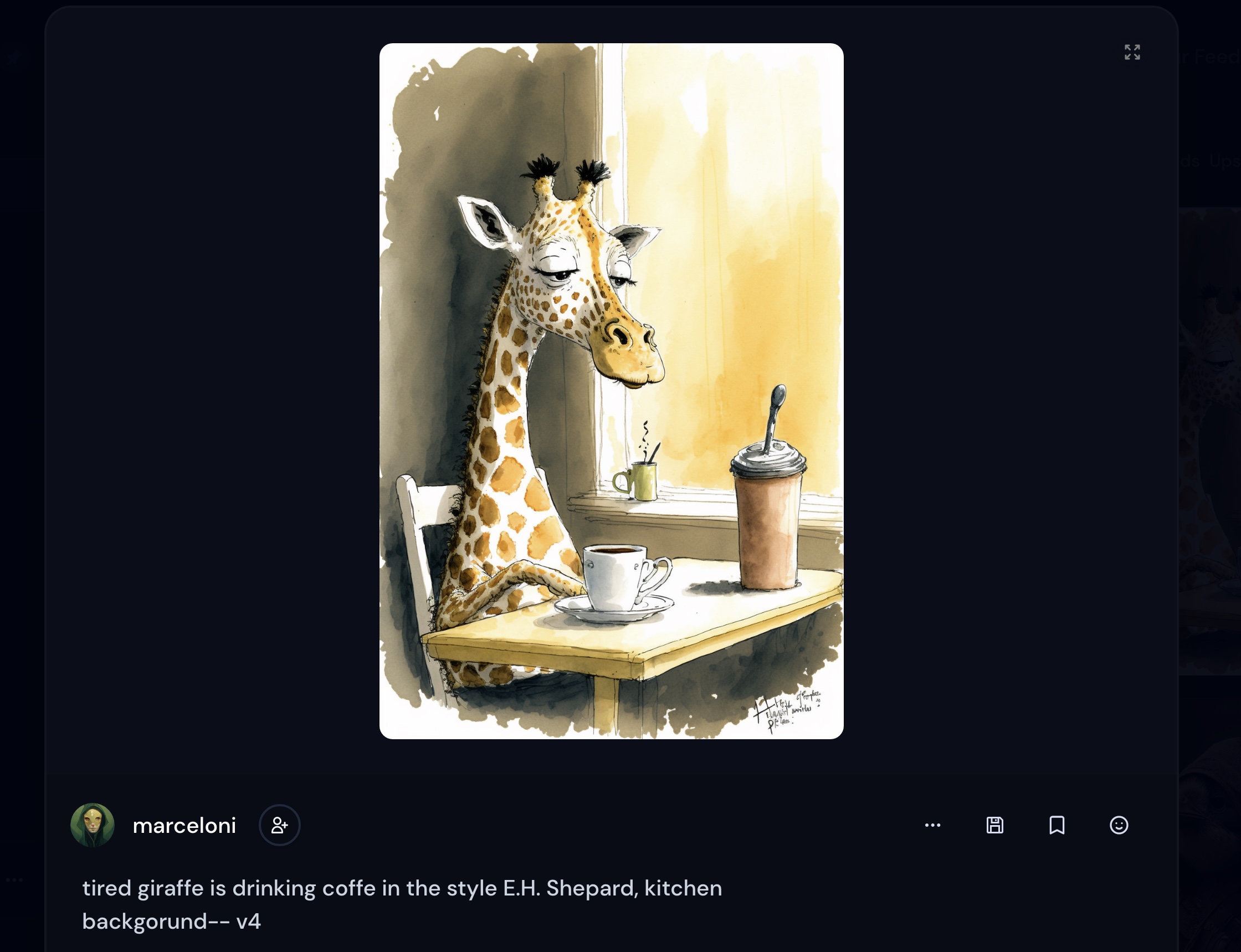 Prompt: tired giraffe is drinking coffee in the style E.H. Shepard, kitchen backgorund-- v4
